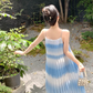 Gradient blue seaside holiday style suspender dress new Sanya tea break beach dress R0183