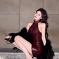 Sexy hot girl lace sleeveless top 2025 retro red high waist hip skirt suit R1154