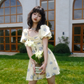 French square neck puff sleeve dress temperament tea break dress retro skirt R2705