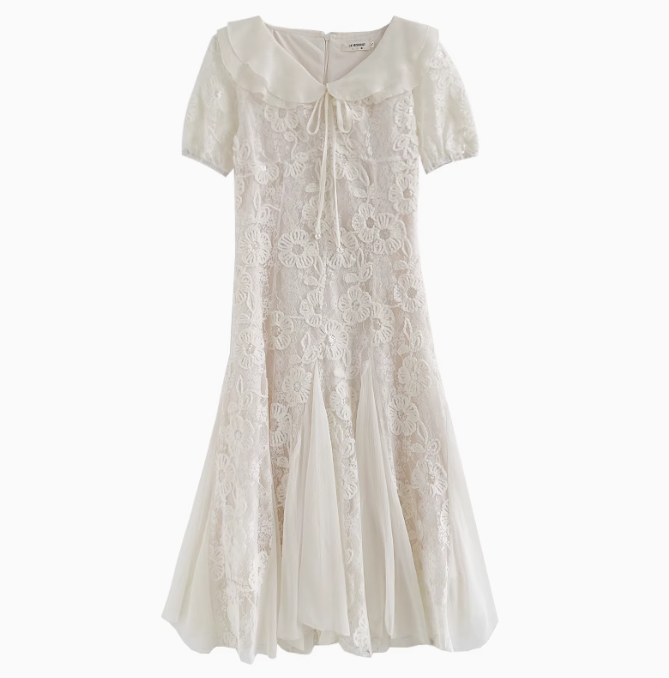 French style gentle lace stitching apricot dress waist long skirt R1926