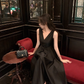 French black V-neck sleeveless dress summer retro Hepburn style waist slimming little black dress R4256