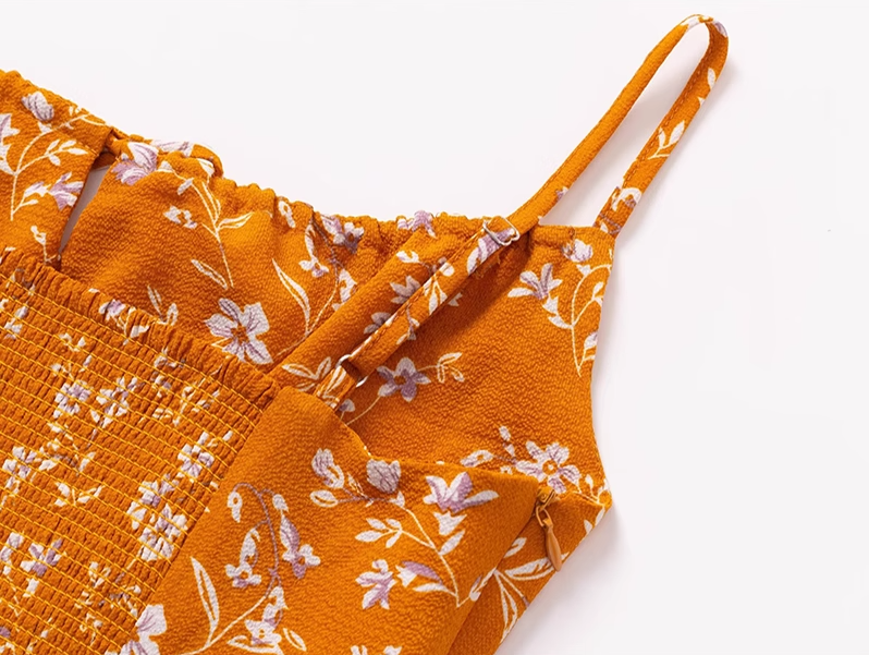 2025 Summer New Yellow Floral Sexy V-neck Mid-length Holiday Suspender Dress R0964