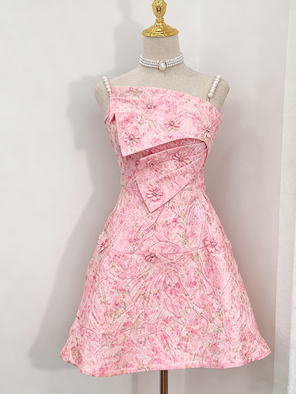 White pearl suspenders irregular neckline pattern design slim A-line homecoming dress R2548