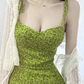 2025 Summer New Green Platycodon Floral Seaside Vacation Wear Suspender Dress R0902