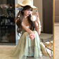 Mint green flower suspender dress gentle temperament waist hip skirt R0624