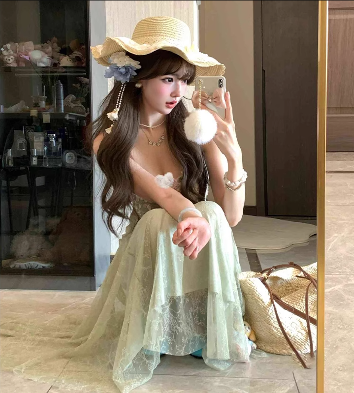 Mint green flower suspender dress gentle temperament waist hip skirt R0624