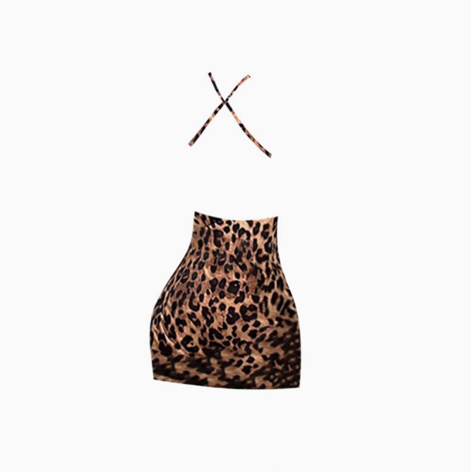 Sexy hot girl lace stitching leopard print dress 2025 backless waist hip skirt R1348