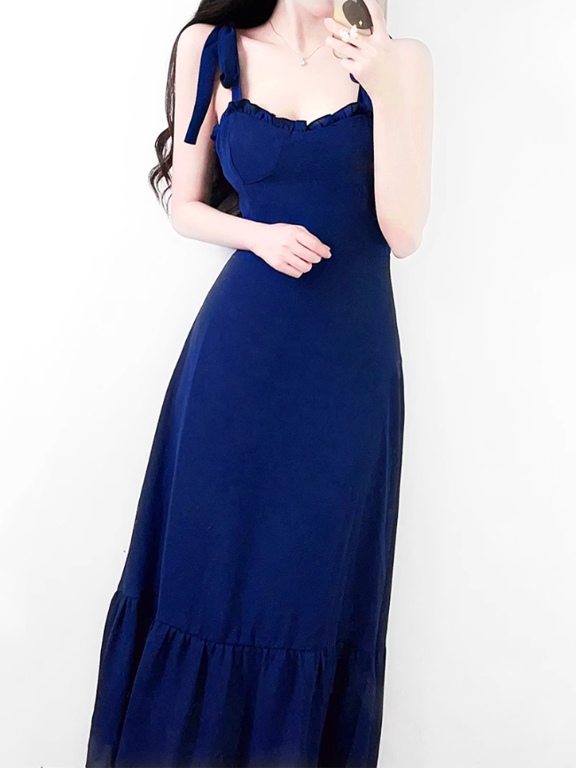 2025 Summer New Blue Beach Temperament Seaside Vacation Long Suspender Dress R0960