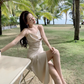 Acetate Satin Sexy Slit Neck Suspender Dress Beach Dress for Vacation R1515