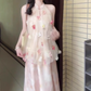 Pink buttoned mesh halter neck dress gentle temperament loose A-line long skirt R0751