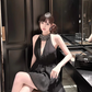 Birthday dress high-end party dress high-end niche exquisite black halter dress R1795