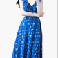 2025 Summer New Retro Blue Floral Ruffle Waist V-Neck Holiday Dress R0976