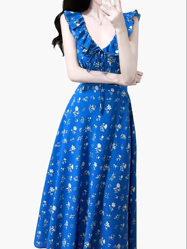 2025 Summer New Retro Blue Floral Ruffle Waist V-Neck Holiday Dress R0976
