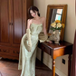 Halter neck suspender dress 2025 sexy backless print gentle waist-revealing long skirt R1476