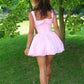 Pink suspenders sexy waist cute mini skirt homecoming dress R3741