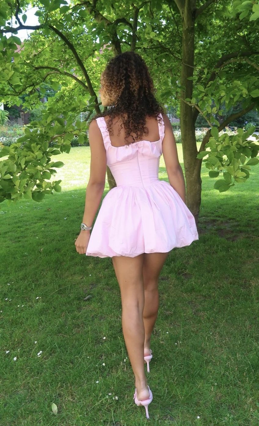 Pink suspenders sexy waist cute mini skirt homecoming dress R3741