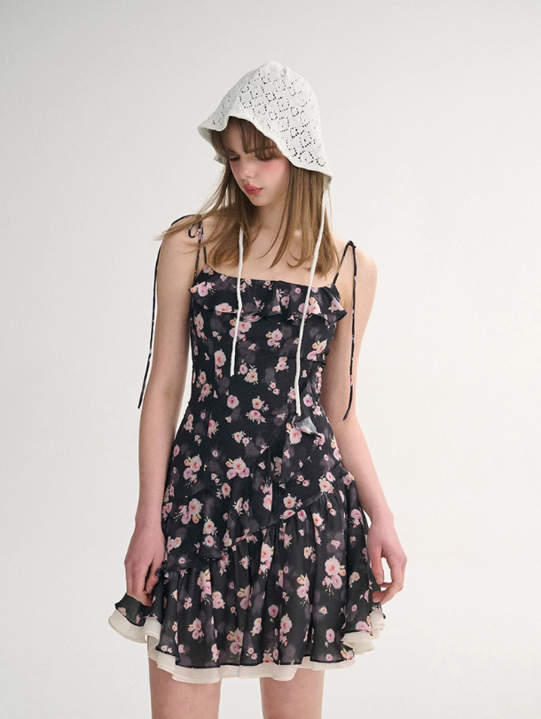 French style skirt short suspender skirt floral dress small flower skirt R2753