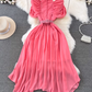 Light luxury temperament stand-up collar off-shoulder pleated waist A-line chiffon dress elegant long skirt R0374