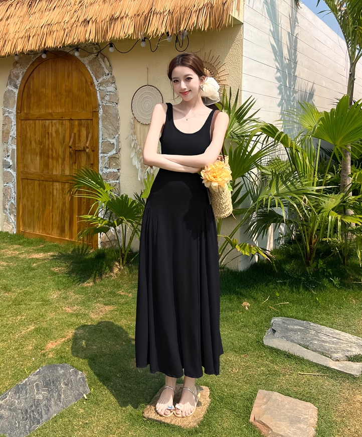 Temperament I-shaped vest dress design niche waist-revealing long skirt R0663
