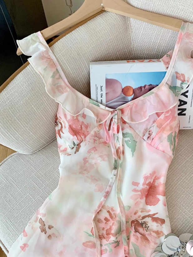 French pure desire style v-neck suspender dress new gentle style small flying sleeve long dress R4034