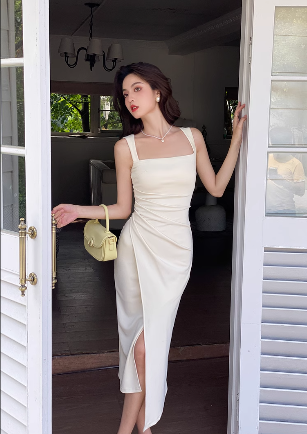 French square neck waist hip dress high waist sleeveless slim suspender dress slit long skirt R1433