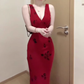 Retro V-neck red suspender dress sexy waist temperament hip fishtail long skirt R0712