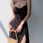 European and American cherry floral suspender dress sexy waist side slit long skirt R2808