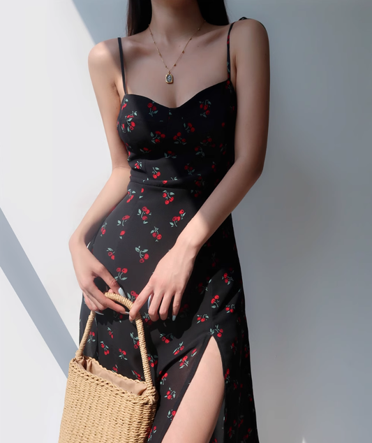 European and American cherry floral suspender dress sexy waist side slit long skirt R2808