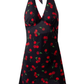 2025 Summer New Halter Backless Black Cherry V-Neck Retro Short Dress R0942