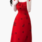 2025 Summer New Red Floral Pleated V-Neck Sleeveless Long Holiday Dress R0955