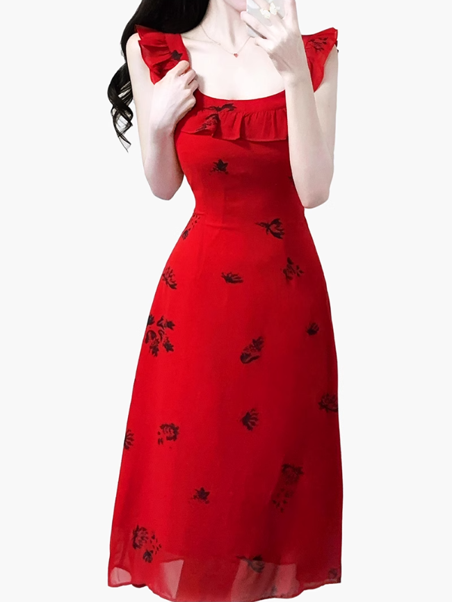 2025 Summer New Red Floral Pleated V-Neck Sleeveless Long Holiday Dress R0955