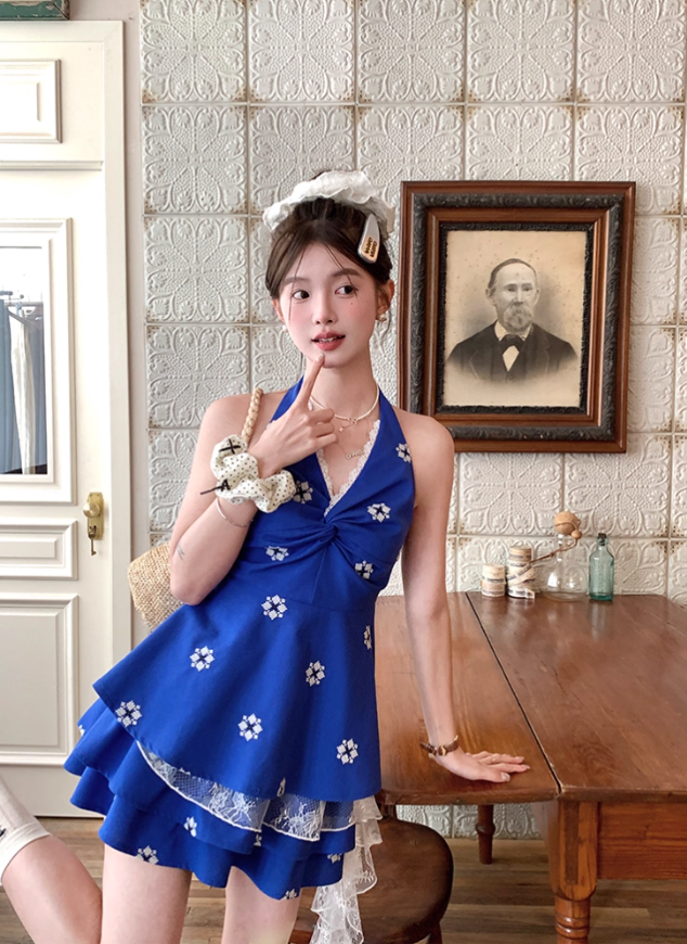 Short V-neck halter neck embroidered top high waist A-line skirt suit for women summer R4868