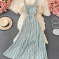 2025 new French floral dress sweet fairy suspender long skirt holiday knee-length pleated dress R0376