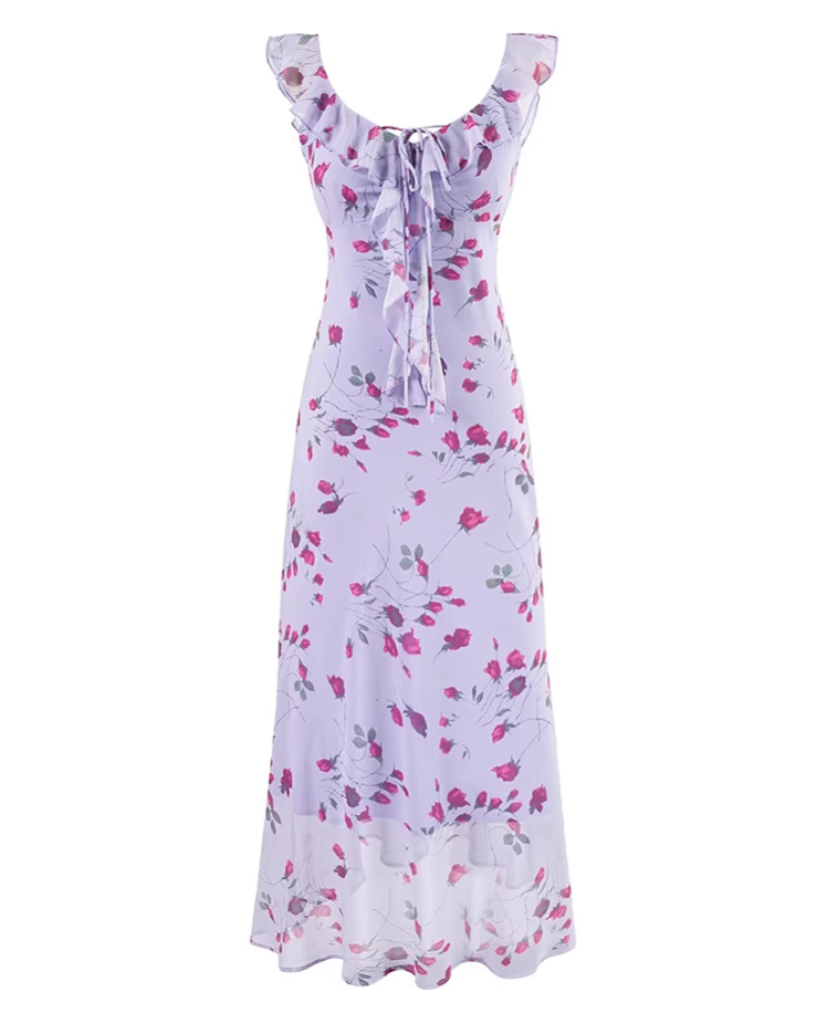 French retro purple floral tea dress 2025 new holiday style long dress R2596