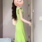 French retro green small flying sleeve dress high-end v-neck temperament step by step lotus fishtail skirt R0451