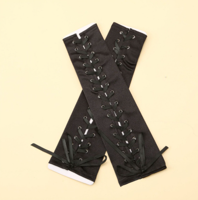 Lace-up fingerless gloves long black satin gloves elbow length suitable for wedding engagement Halloween party     S6219