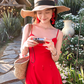 Red mid-length waist suspender dress summer retro temperament high-end skirt R4861