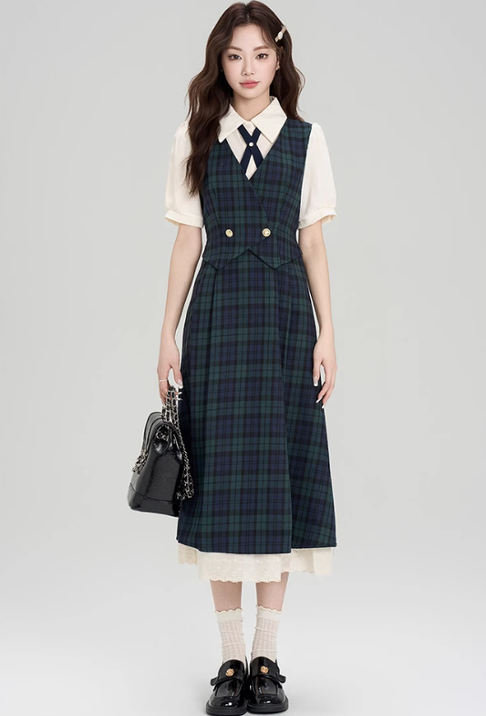 College style summer shirt splicing fake two-piece plaid dress R2395