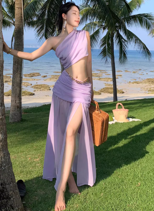 Photo skirt waist-baring one-shoulder dress design seaside atmosphere holiday beach skirt R1592