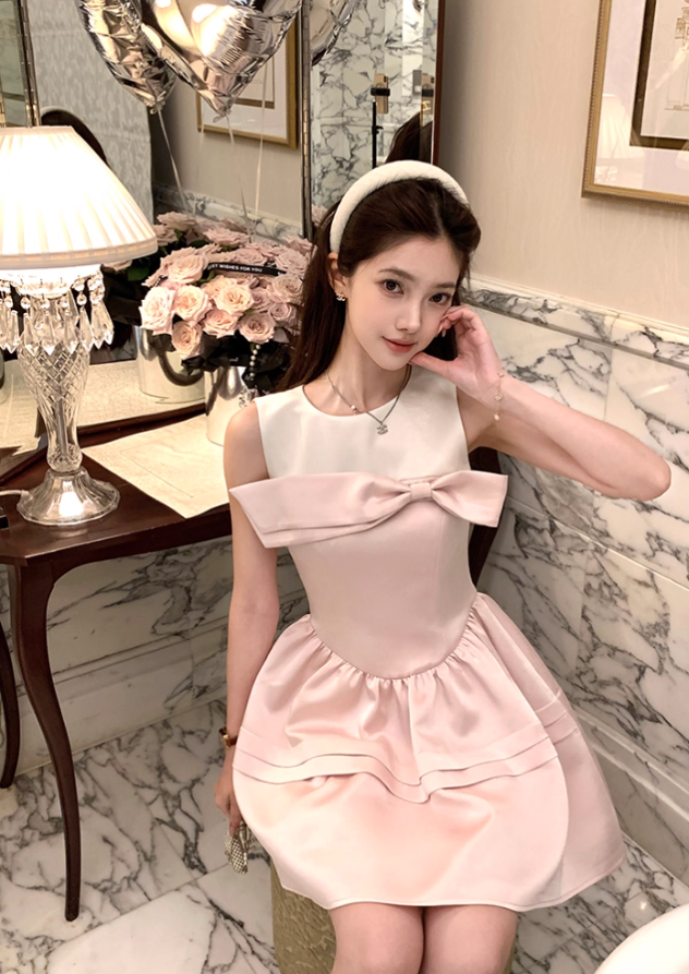 Pink waist satin sleeveless suspender dress women's summer French style skirt R4660