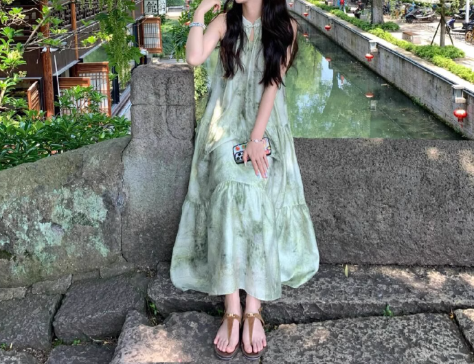 Ink painting halter neck dress seaside holiday style retro cool temperament skirt R0765