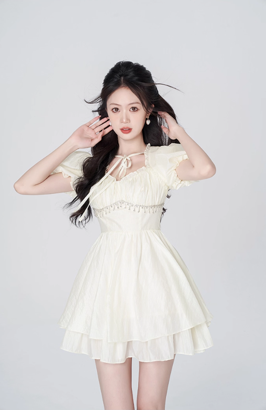 Gentle style cream yellow dress women's summer new style skirt high-end puffy short skirt R4456