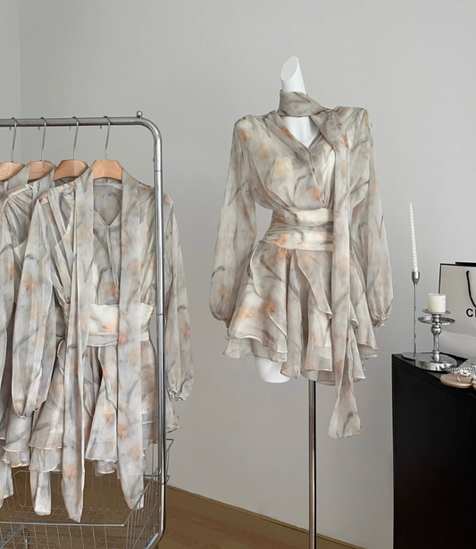 Long-sleeved V-neck puff sleeve chiffon yellow floral dress two-piece waisted short skirt R2106