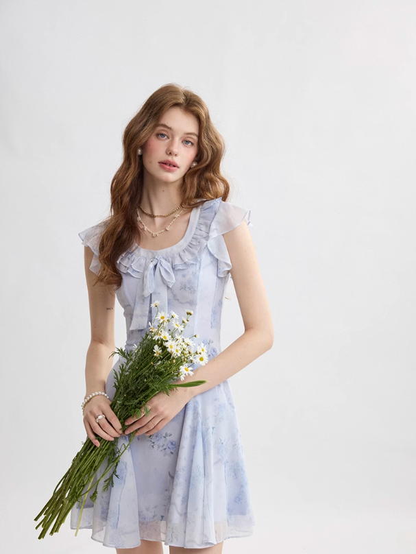 French ruffle dress high-end mini skirt floral skirt holiday style R2757