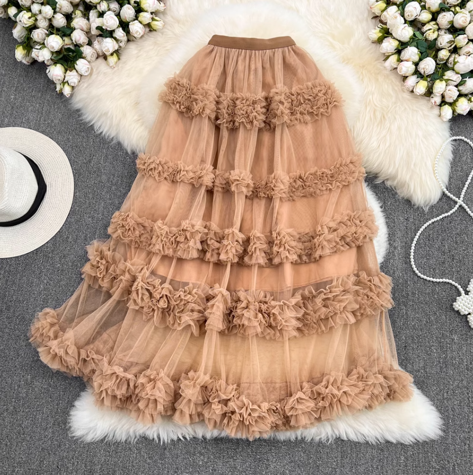 High waist slim mesh skirt elastic waist mid-length over the knee multi-layered wood ear edge cake skirt R0306