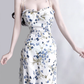 2025 Summer New French Blue Floral Holiday Style Mid-Length Suspender Dress R0923
