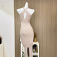 Temperament pure desire style cross halter neck sexy hip dress slim hollow knitted long skirt R0291