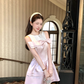 Pink waist satin sleeveless suspender dress women's summer French style skirt R4660