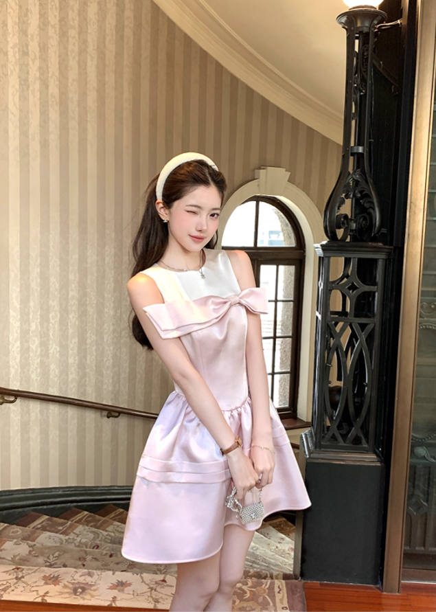 Pink waist satin sleeveless suspender dress women's summer French style skirt R4660
