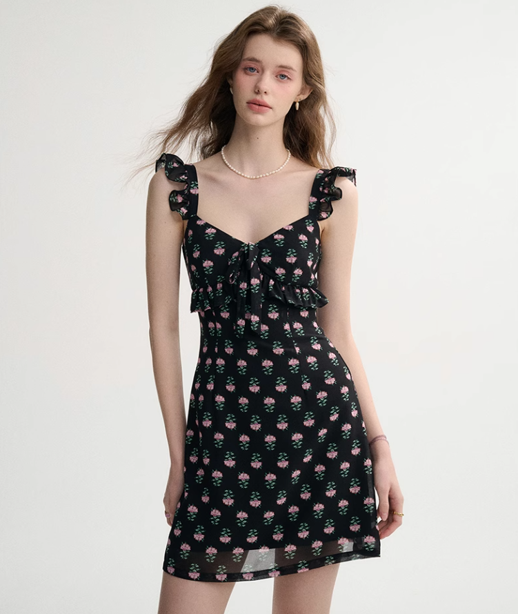 French style black skirt floral suspender skirt short dress R2696